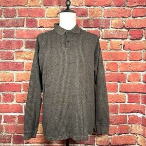 Pierre Cardin Men's XL Brown Striped Long Sleeve 1/4 Two Button Collared Sweater